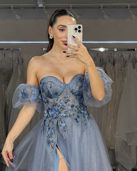 HE364-A Line Sweetheart Prom Dresses Long for Women Tulle Appliques Evening Gowns Strapless Party Dresses