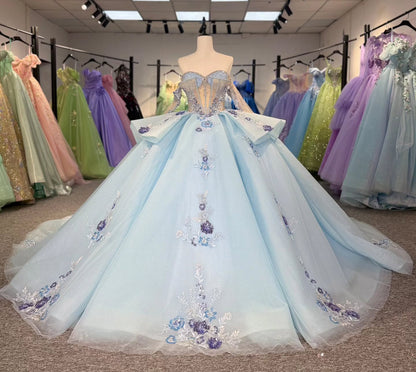 HE275 - Vestido de quinceañera azul cielo con hombros descubiertos, corte princesa, tul, apliques de encaje, para fiesta de dulces 16