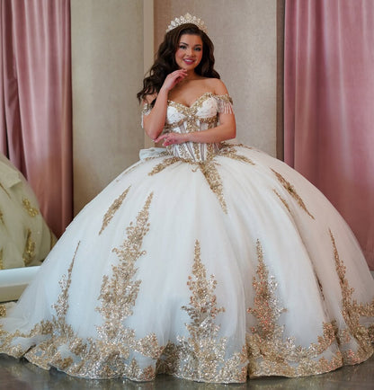 HE320-Vestido de quinceañera con hombros descubiertos color champán, vestido de baile estilo princesa, vestido de fiesta de 16 años, vestido de tul con encaje para graduación