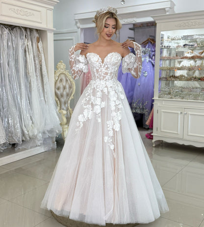 Sweetheart A Line Tulle Appliqued Wedding Dresses Boho Lace Wedding Gowns for Women HE1055