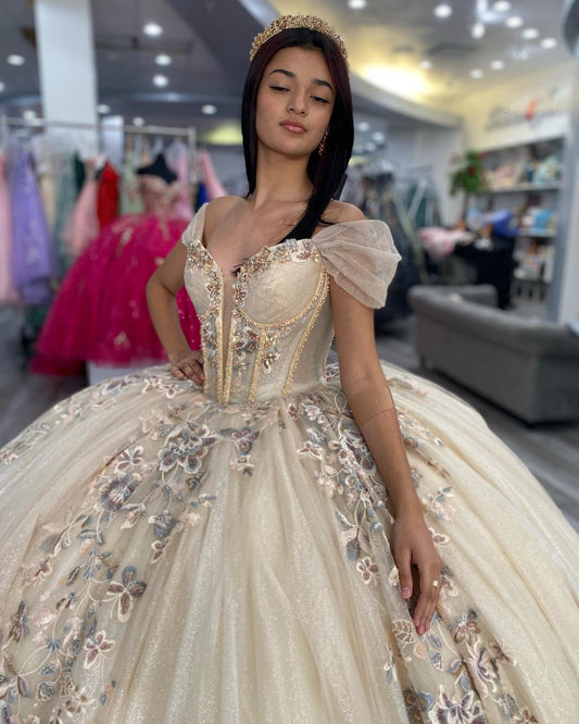 Vestidos de quinceañera con apliques de tul brillante, color champán, para fiesta de dulces 16, HE527