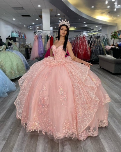 Pink Quinceanera Dresses Tulle Lace Ruffles Sweet 16 Party Dresses HE525
