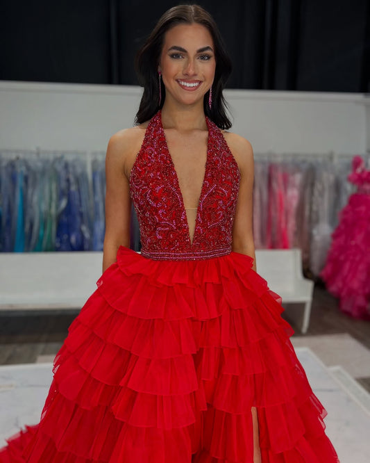 HE367-A Line Tulle Ruffles Prom Dresses Long V Neck Sequin Beaded Evening Gowns Side Slit Party Dress for Women