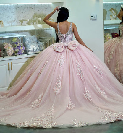 HE318-Precioso vestido de quinceañera con escote en V y apliques de tul, estilo princesa rosa para cumpleaños de 16 años