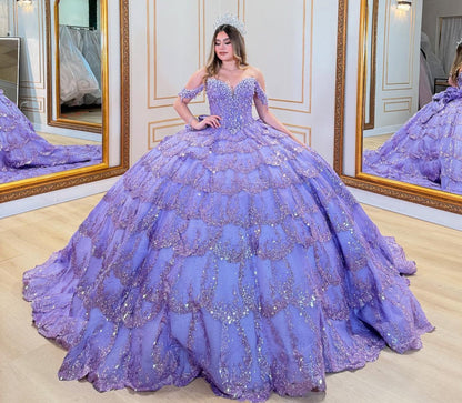 HE321-Vestido de quinceañera con volantes de tul brillante, estilo princesa, para fiesta de cumpleaños, hombros descubiertos