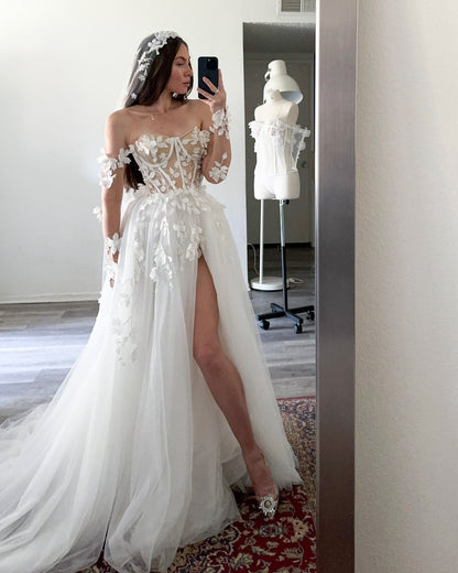 Sweetheart A Line Boho Wedding Dresses Tulle 3d Flowers Wedding Gowns for Bride HE1108