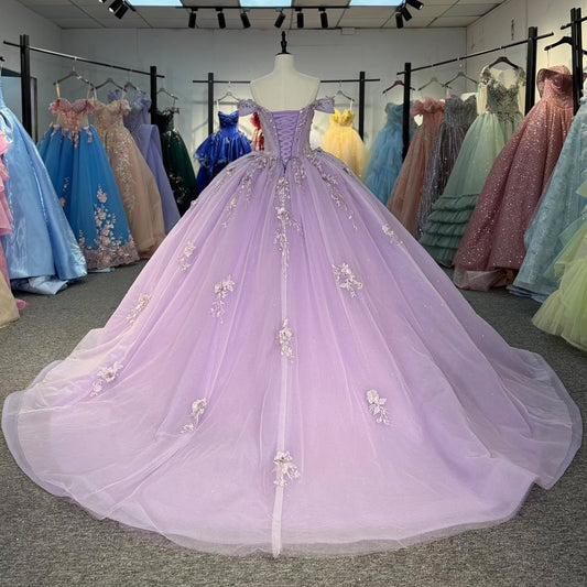 HE383-Lilac Off Shoulder Quinceanera Dresses Ball Gown Princess Tulle Appliques Prom Party Dresses for Sweet 16