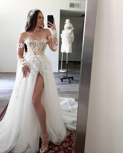 Sweetheart A Line Boho Wedding Dresses Tulle 3d Flowers Wedding Gowns for Bride HE1108