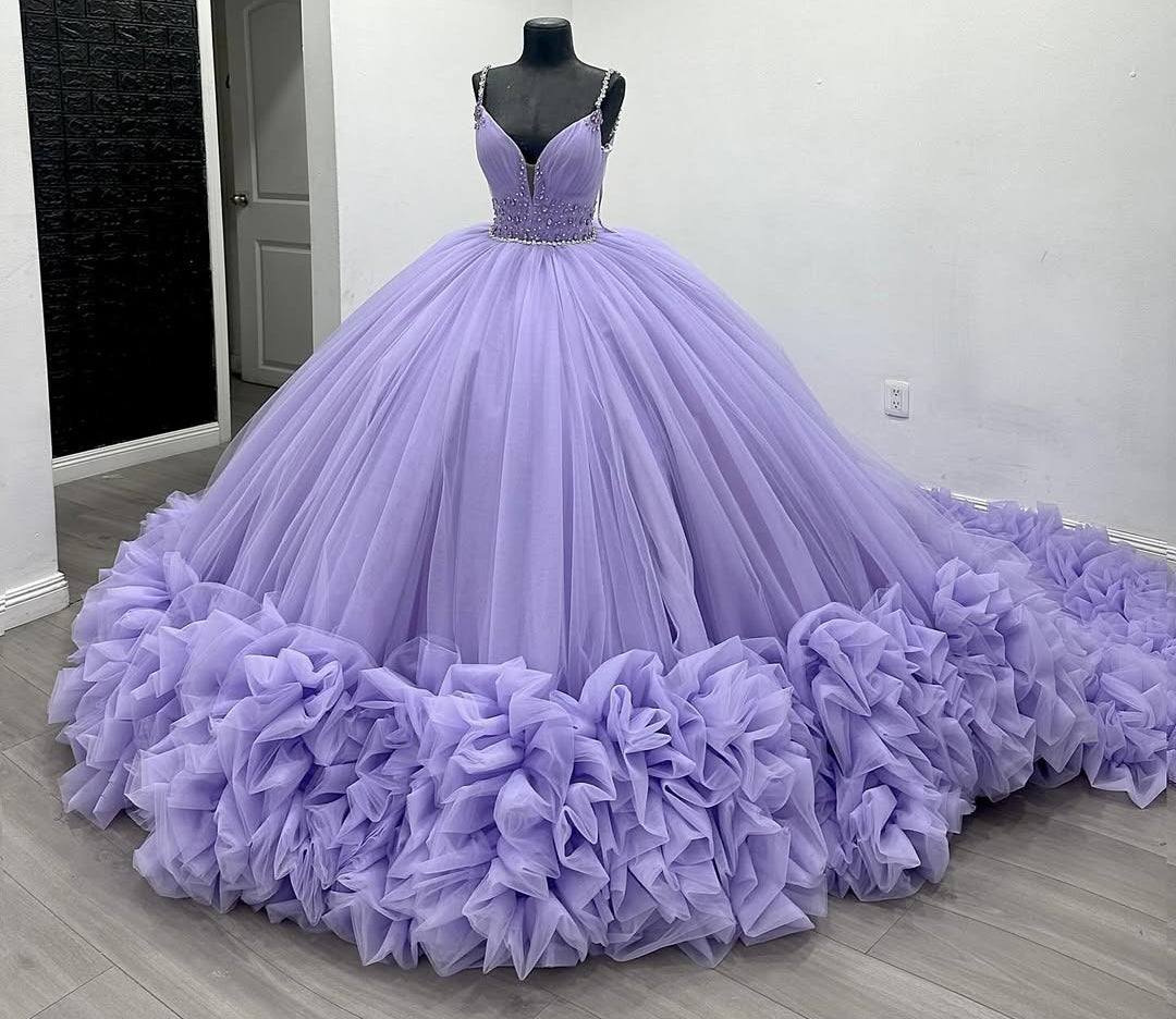 Ball Gown V Neck Quinceanera Dresses Tulle Ruffles Sweet 16 Prom Gowns HE450