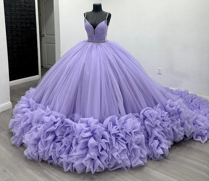 Ball Gown V Neck Quinceanera Dresses Tulle Ruffles Sweet 16 Prom Gowns HE450