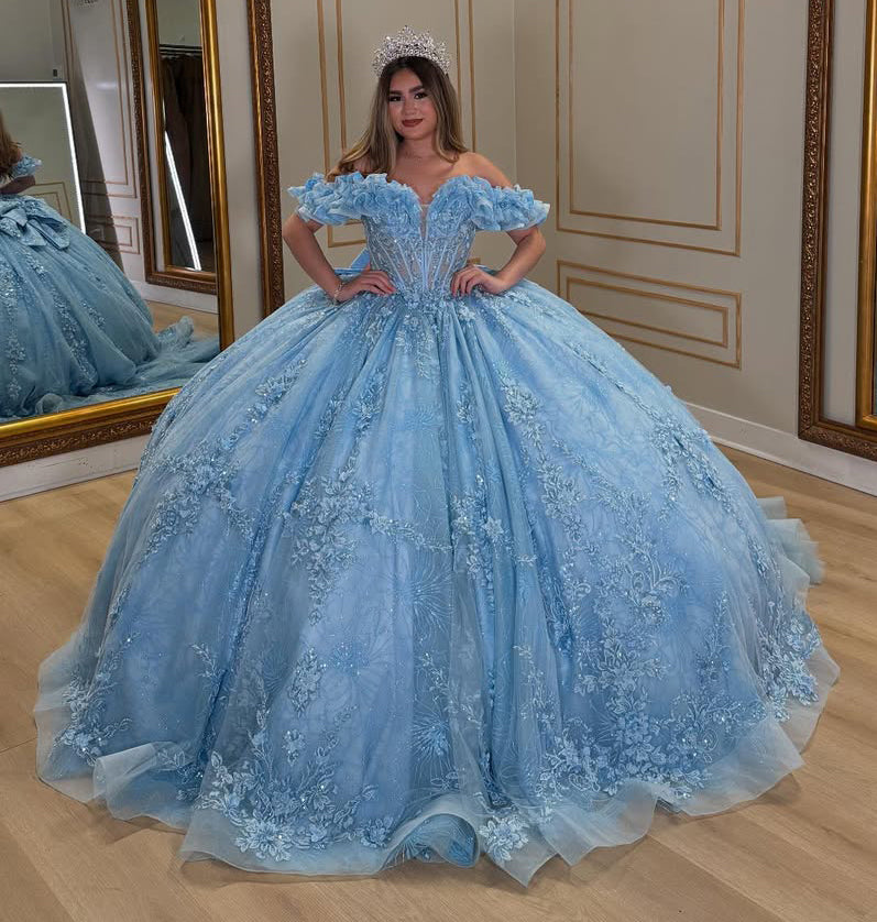 HE335-Gorgeous Tulle Lace Quinceanera Dresses Ball Gown Off Shoulder Prom Dresses Princess Sweet 16 Party Gowns