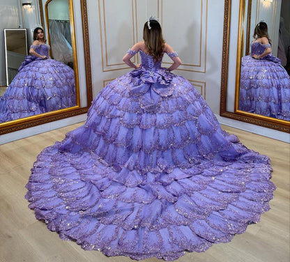 HE321-Vestido de quinceañera con volantes de tul brillante, estilo princesa, para fiesta de cumpleaños, hombros descubiertos