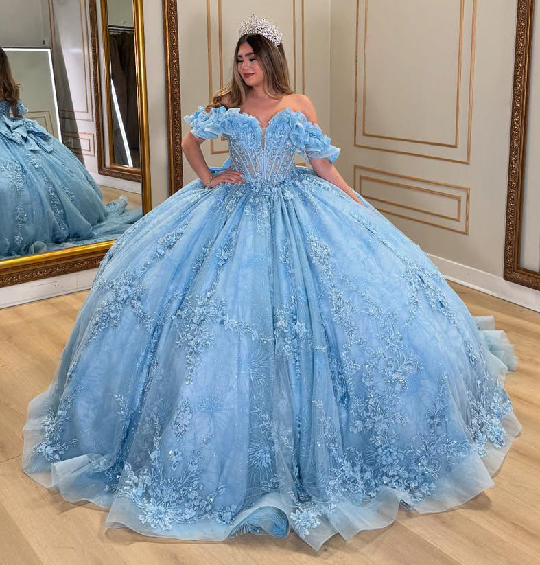 HE335-Gorgeous Tulle Lace Quinceanera Dresses Ball Gown Off Shoulder Prom Dresses Princess Sweet 16 Party Gowns