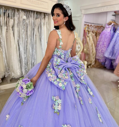 Ball Gown Tulle 3D Flower Appliqued Lilac Quinceanera Dresses Sweet 16 Birthday Party Gown HE1044