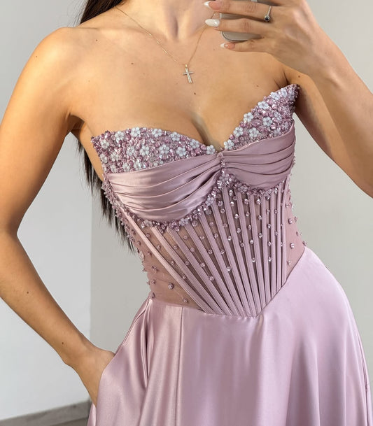 HE363-Women's A Line Satin Beaded Prom Dresses Long Straps Evening Gowns Sweetheart Party Maxi Dresses with Pockets