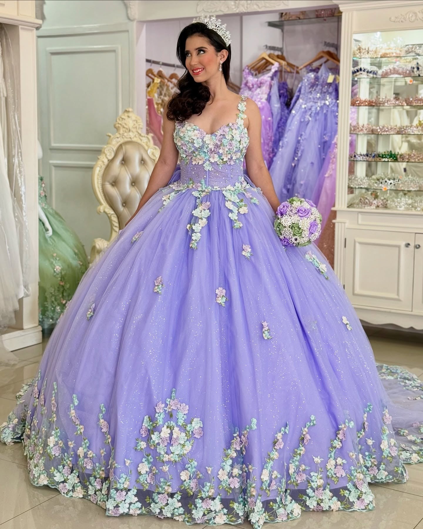 Ball Gown Tulle 3D Flower Appliqued Lilac Quinceanera Dresses Sweet 16 Birthday Party Gown HE1044