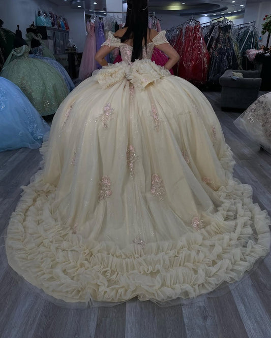 Vestidos de quinceañera color champán con tul y volantes, vestido de fiesta para dulces 16, HE523