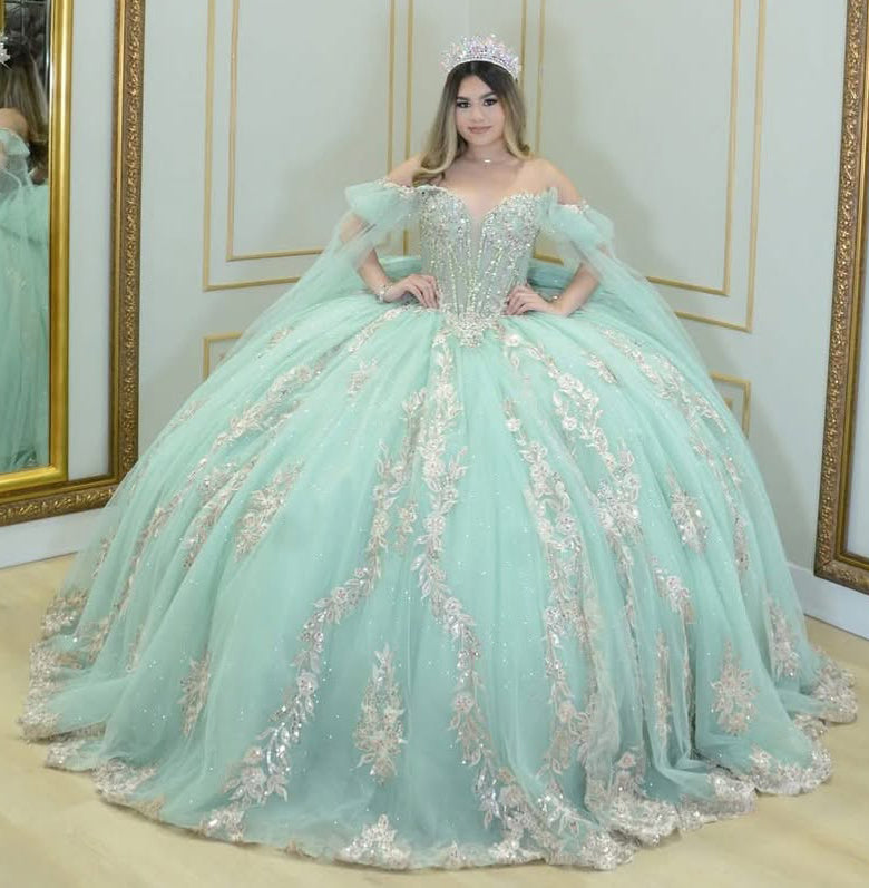 HE337-Off Shoulder Princess Sweet 16 Quinceanera Dresses Mint Tulle Lace Appliqued Birthday Prom Party Dresses