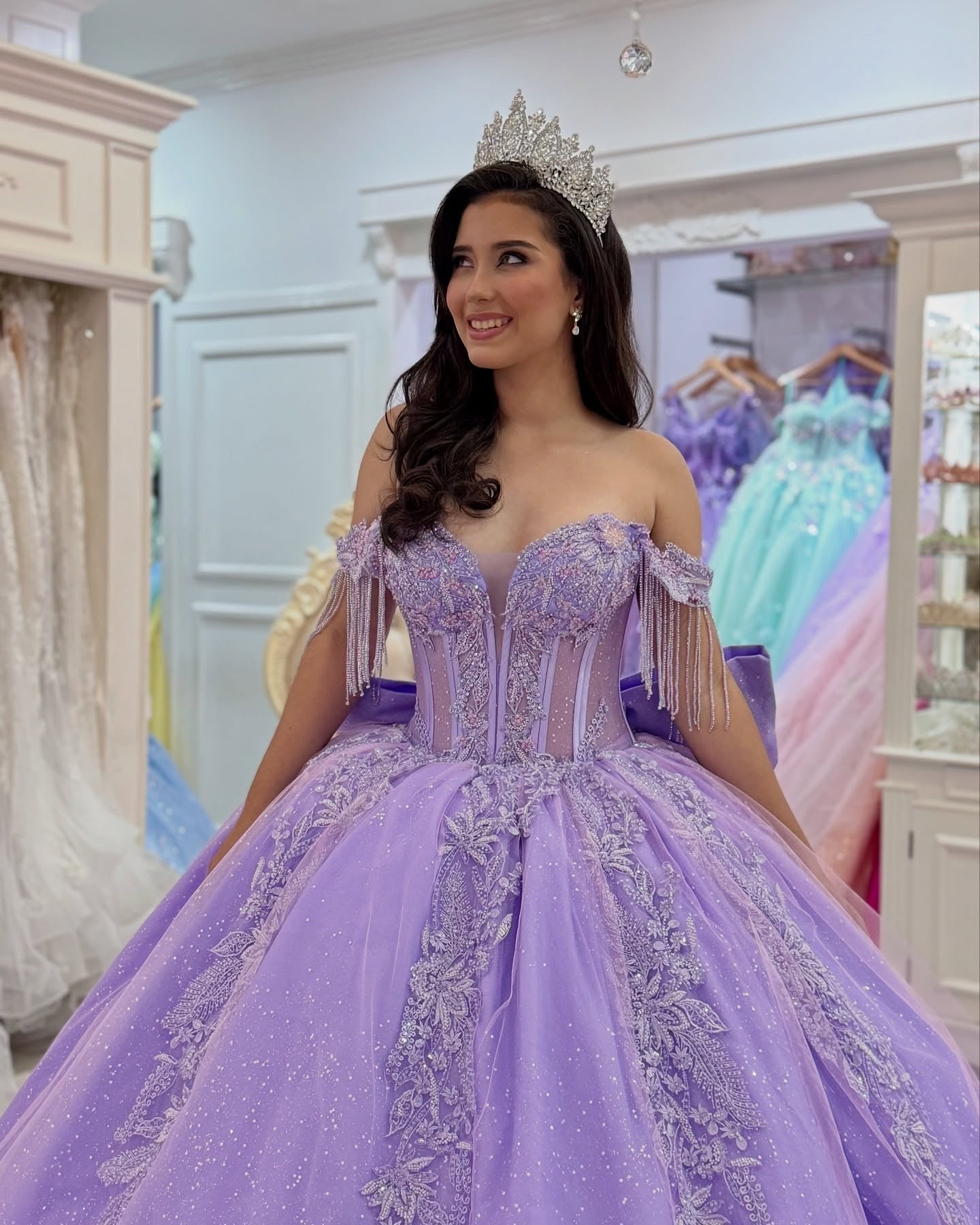 Glittery Tulle Off Shoulder Lilac Quinceanera Dresses Princess Sweet 16 Party Gowns HE1043