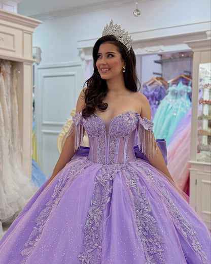 Glittery Tulle Off Shoulder Lilac Quinceanera Dresses Princess Sweet 16 Party Gowns HE1043