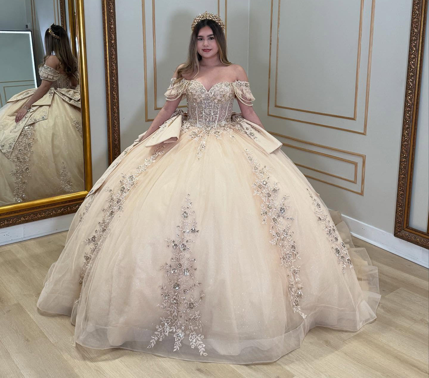 HE376-Champagne Tulle Appliques Quinceanera Dresses Ball Gown Princess Sweet 16 Birthday Prom Party Dresses