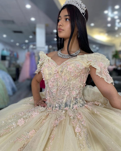 Vestidos de quinceañera color champán con tul y volantes, vestido de fiesta para dulces 16, HE523