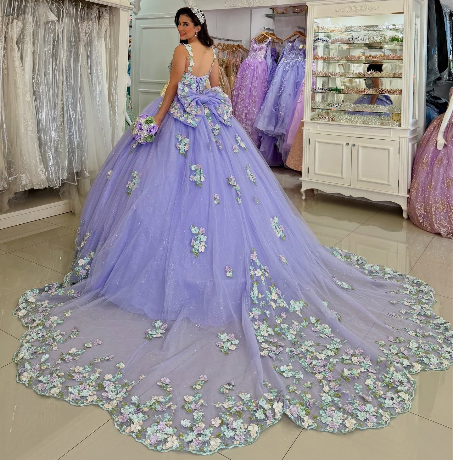 Ball Gown Tulle 3D Flower Appliqued Lilac Quinceanera Dresses Sweet 16 Birthday Party Gown HE1044