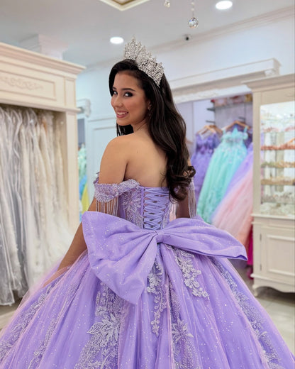 Glittery Tulle Off Shoulder Lilac Quinceanera Dresses Princess Sweet 16 Party Gowns HE1043