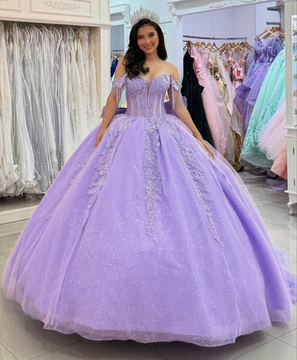 Glittery Tulle Off Shoulder Lilac Quinceanera Dresses Princess Sweet 16 Party Gowns HE1043