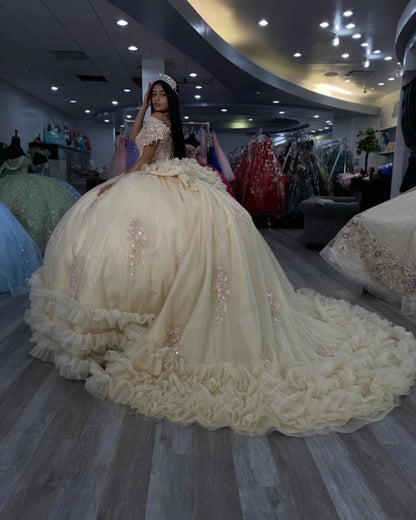 Vestidos de quinceañera color champán con tul y volantes, vestido de fiesta para dulces 16, HE523