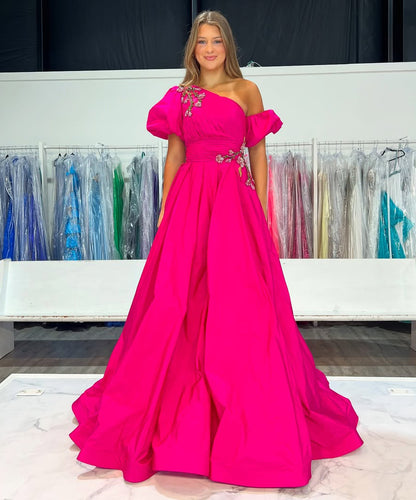 HE366-Women's A Line Prom Dresses Long One Shoulder Satin Appliqued Evening Gowns Plus Size Maxi Party Dresses