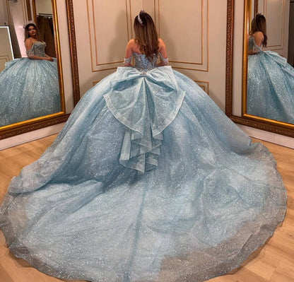 HE336-Glittery Tulle Beaded Princess Quinceanera Dresses for Sweet 16 Ball Gown Off Shoulder Sequin Beaded Birthday Party Dresses