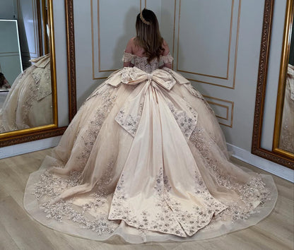 HE376-Champagne Tulle Appliques Quinceanera Dresses Ball Gown Princess Sweet 16 Birthday Prom Party Dresses