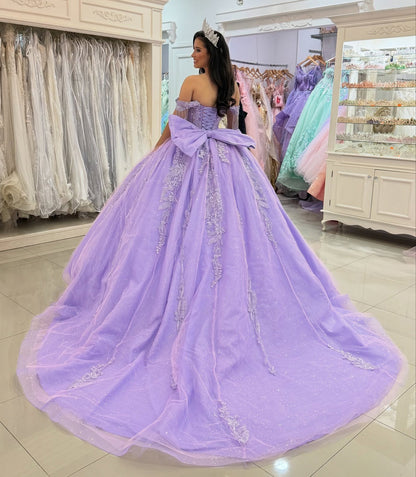 Glittery Tulle Off Shoulder Lilac Quinceanera Dresses Princess Sweet 16 Party Gowns HE1043