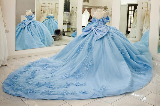 HE384-Sky Blue Quinceanera Dresses Off Shoulder Tulle Appliques Prom Gowns Princess Sweet 16 Party Dresses with Long Train