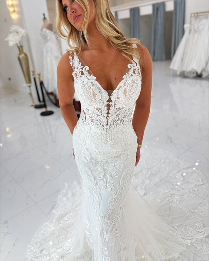 Mermaid Tulle Lace Appliqued V Neck Beach Wedding Dresses for Women HE799