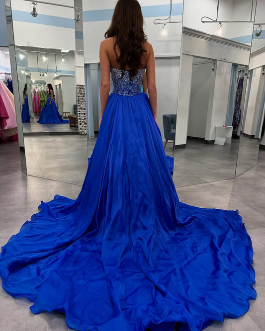 HE348-Women's Sweetheart Long Prom Dresses A Line Satin Beaded Corset Evening Party Gowns Plus Size Maxi Dresses