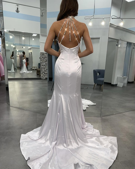 HE354-Mermaid Halter Neck Satin Evening Dresses Long Sequin Beaded Prom Gowns Side Slit Formal Party Dresses