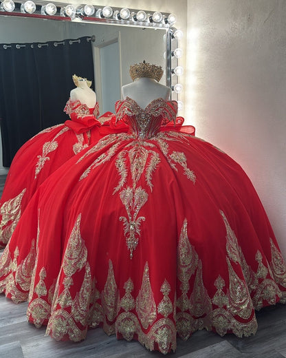 Gorgeous Tulle Lace Beaded Crystal Quinceanera Dresses Red Sweet 16 Birthday Party Gown HE934