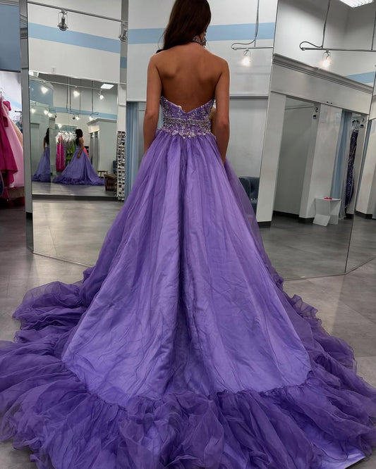 HE365-A Line Tulle Beaded Prom Dresses Long Halter Neck Party Gowns Sexy Backless Evening Dresses for Women