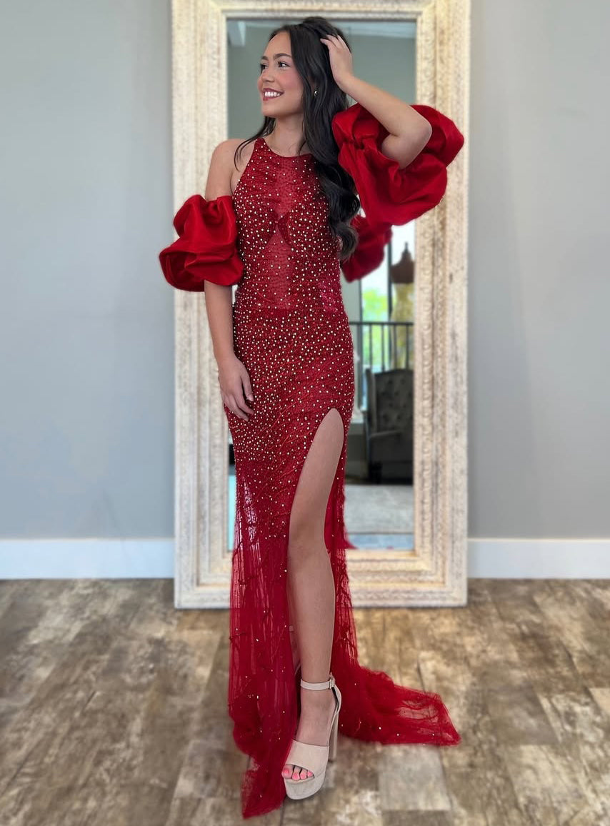 Sexy Side Split Halter Neck Tulle Sequined Prom Dresses Long for Women Evening Party HE975