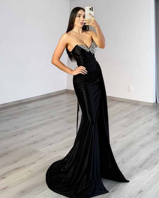 HE357-Sweetheart Mermaid Satin Beaded Prom Dresses Long with Slit Strapless Plus Size Evening Party Gowns for Women