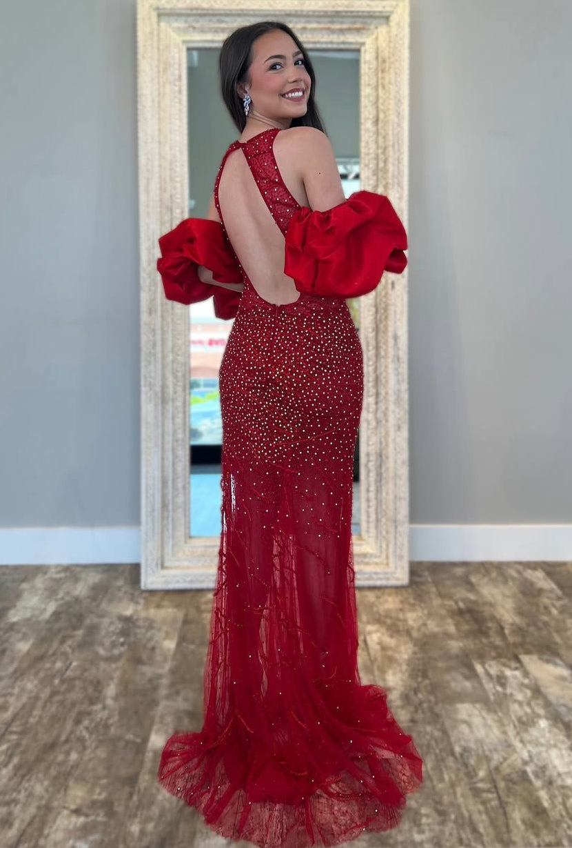 Sexy Side Split Halter Neck Tulle Sequined Prom Dresses Long for Women Evening Party HE975