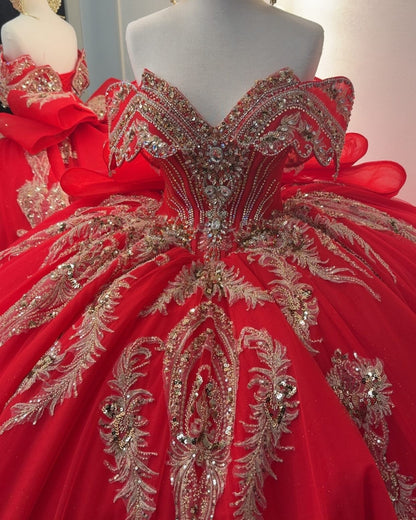Gorgeous Tulle Lace Beaded Crystal Quinceanera Dresses Red Sweet 16 Birthday Party Gown HE934