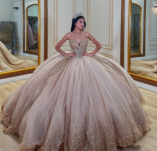 Vestidos de quinceañera de tul brillante con cuentas, estilo princesa, para cumpleaños de 16 años, HE423