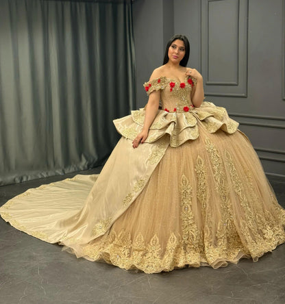 Vestidos de quinceañera dorados, vestido de baile, apliques de tul, vestidos de fiesta de cumpleaños para dulces 16, HE420