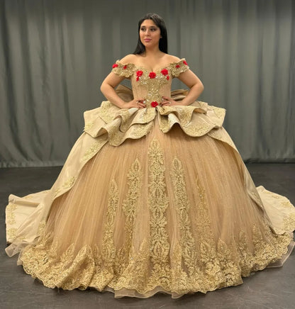Vestidos de quinceañera dorados, vestido de baile, apliques de tul, vestidos de fiesta de cumpleaños para dulces 16, HE420