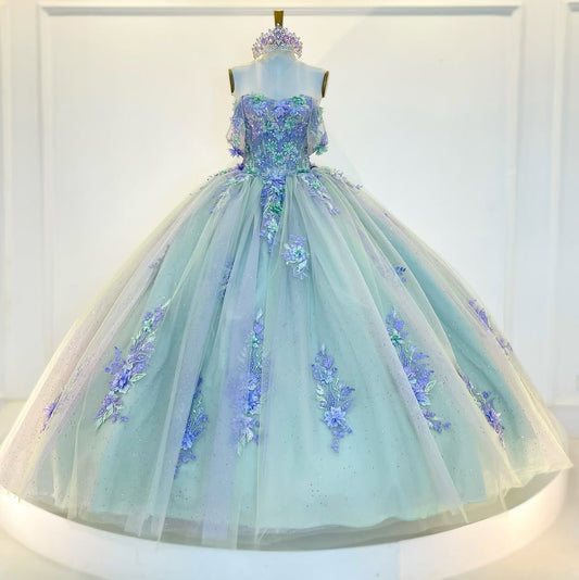 Vestidos de quinceañera con hombros descubiertos y apliques de encaje de tul, vestido de fiesta para dulces 16 HE501