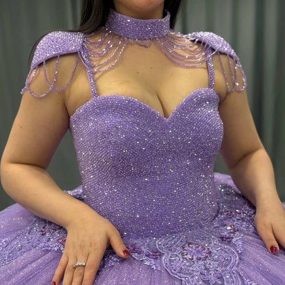Lilac Quinceanera Dresses Sweetheart Tulle Appliques Prom Gowns for Sweet 16 HE419