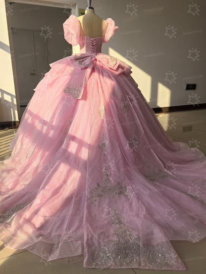 Vestidos de quinceañera con hombros descubiertos, tul princesa, apliques, vestidos de quinceañera HE530